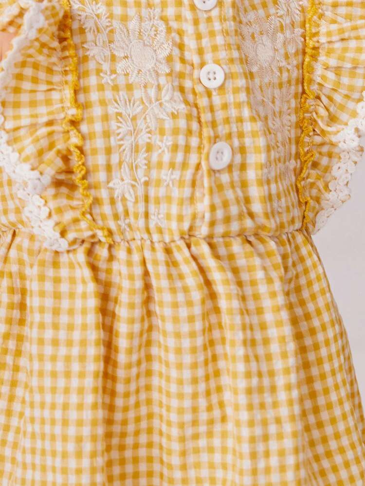 Baby Girl Lotus Leaf Edged Flower Embroidery Checked Short Sleeve Dress With Bow Tie Headscarf, Elegant, Comfortable And Perfect For Vacation In Spring And Summer