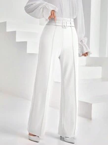Firerie Women Solid Color Belted Flared Leg Long Pants - White - View 4