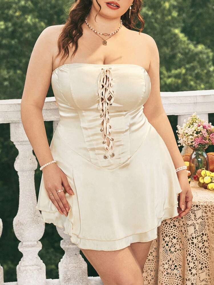 Plus Size Women's Champagne Satin Strapless Eyelet Corset A-Line Dress,White Summer Curve Party Picnic,Backless Pleated Prom Cocktail Mini Dress