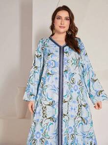 Al Najma Kích thước lớn Hoa In Cổ chữ V Lỏng lẻo Đầm - Màu xanh lam - Xem 5