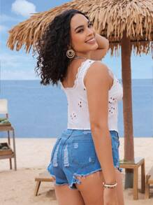 SHEIN VCAY Plus Size Women Distressed Denim Short Shorts With Frayed Hem - Blue - View 2