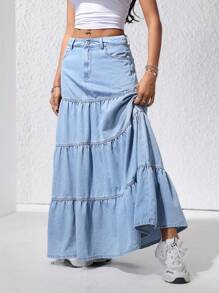 SHEIN EZwear 女士夏季牛仔裙配褶邊設計 - 藍色 - 查看 1