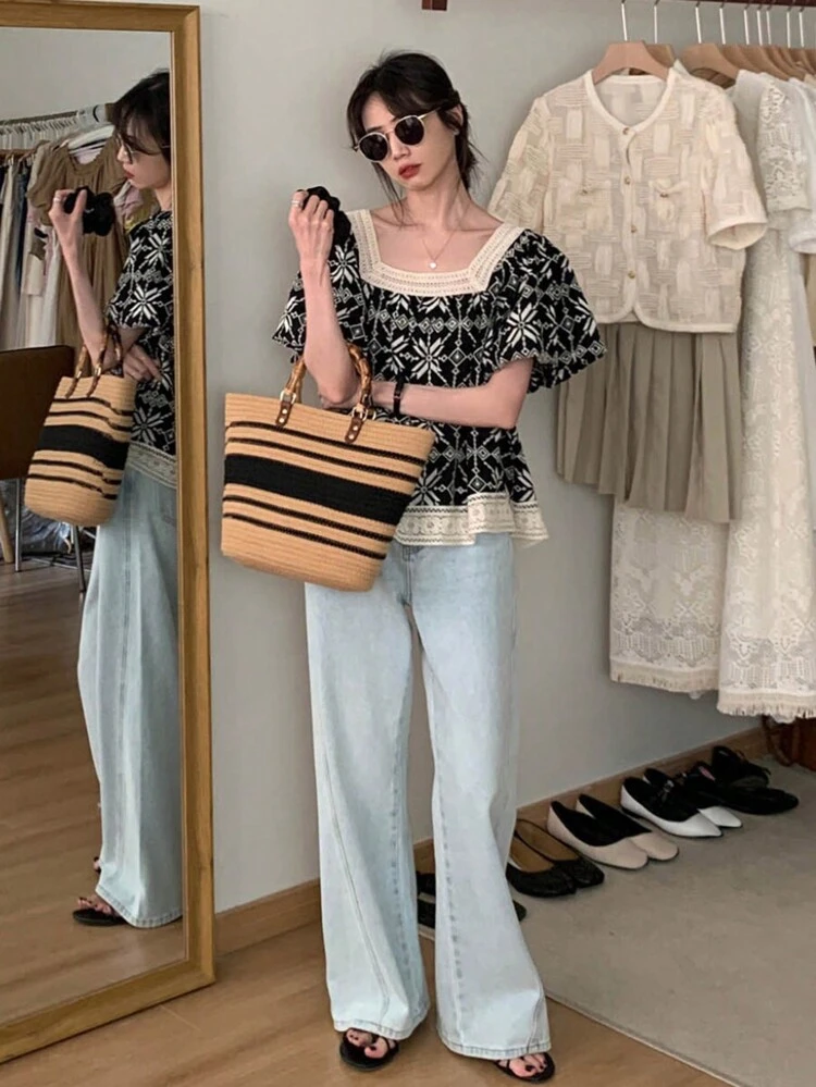 Women Fashion Printed Short Sleeve Square Neck Blouse Babydoll Top