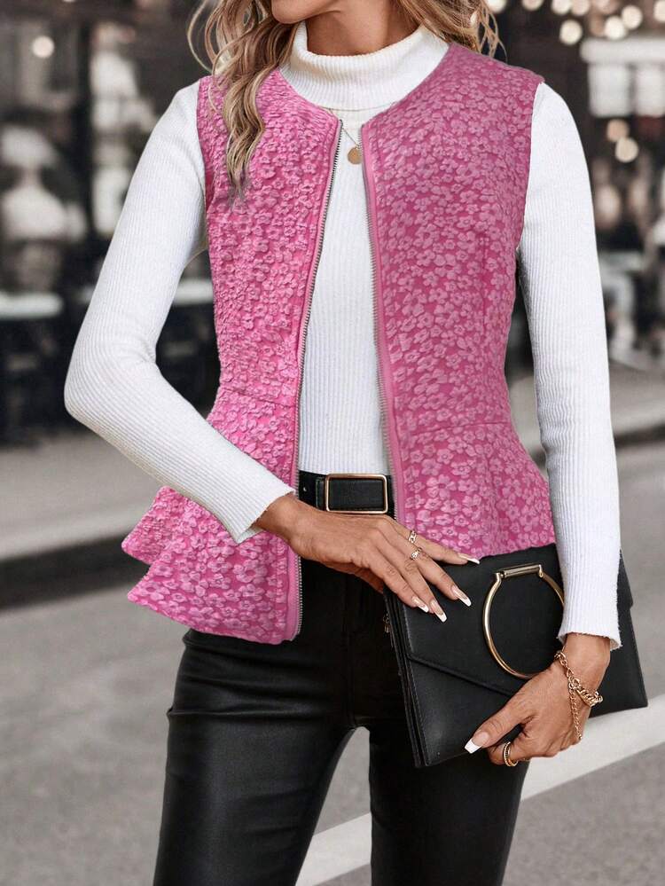 Women Spring And Autumn Vest Jacket With Floral Jacquard, Lotus Leaf Hem