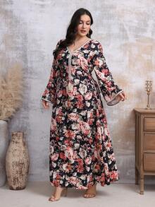 Plus Size V-Neck Printed Loose Casual Arabic Clothes - Multicolor - View 3