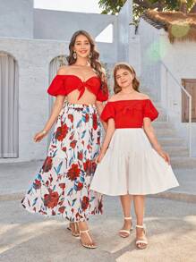 Tween Girl Short Knit Top With Plain And Off-Shoulder Design For Spring/Summer Vacation And Leisure - Red - View 7
