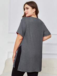 INAWLY 夏季大尺碼純色側開叉短袖T恤 - 灰色 - 查看 2