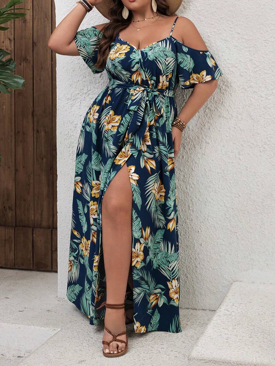 SHEIN VCAY Vestido romántico de flores de hombros descubiertos de estilo bohemio para tallas grandes de verano - Multicolor - Ver 1