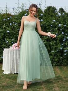 SHEIN Belle 女性浪漫優雅長款伴娘A字裙，淺綠色蕾絲和網眼布拼接，甜美領口，適用於春夏。 - 綠色 - 查看 5