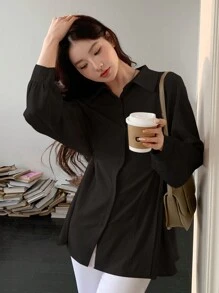DAZY Women Solid Color Fold Pleated Shirt,Fall Clothes Preppy Tops Long Sleeve Top - Black - View 3