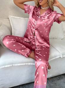 SweetSlumber Women Pajama Sets Kantong Contrast Binding Tombol Depan Geometris - Hot Pink - View 3