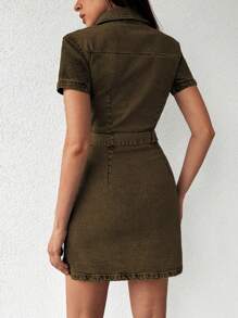 EURMUSE Belted Denim Dress - Khaki - View 2