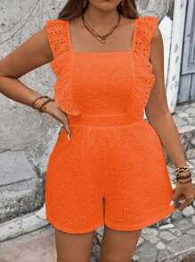 SHEIN Clasi 大碼露肩方領彈性腰設計拼接荷葉邊蕾絲連身褲，適合夏季休閒穿著 - 橘色 - 查看 4