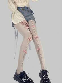 ROMWE Kawaii 1對粉色蝴蝶結露出空心魚網襪 - 白色 - 查看 1