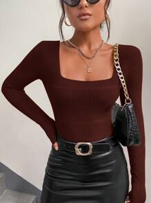 RosyDaze Spring/Autumn Solid Color Casual Square Neck Slim-Fit Long Sleeve Sweater, Knit Pullover Fall Winter - Coffee Brown - View 3