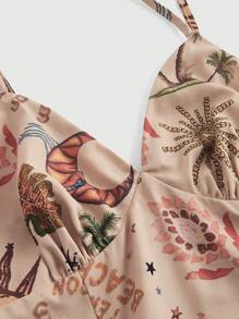 ROMWE Hippie 女士夏季棕櫚樹印花長款休閒吊帶連身裙