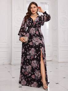 SUPGIR Plus Size Digital Floral Print V-Neck Lantern Sleeve Waist Pleated Elegant Dress