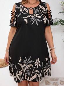 SHEIN VCAY Vestido holgado de verano casual con estampado botánico, hombros descubiertos y cuello con abertura para talla grande