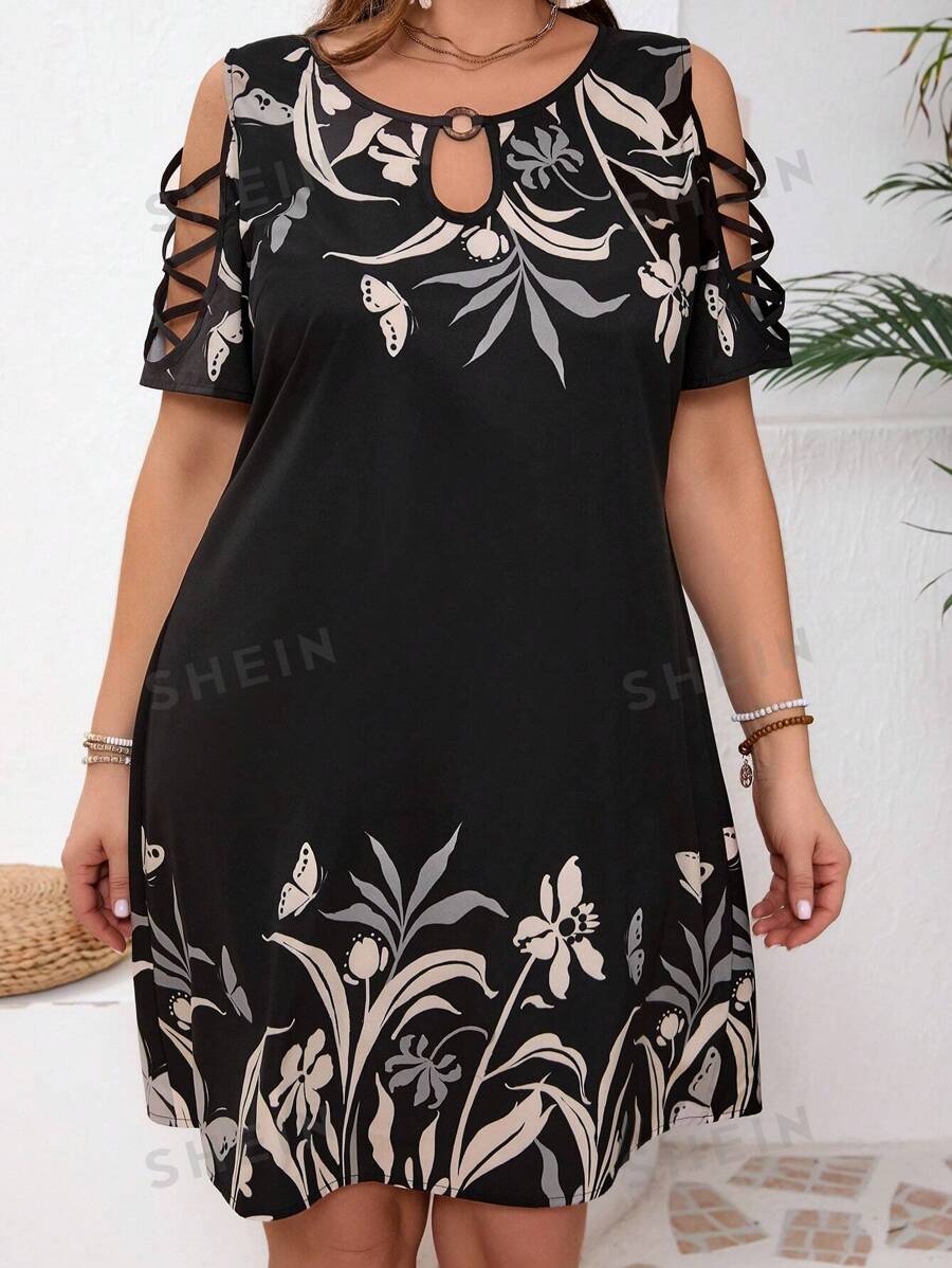 SHEIN VCAY Vestido holgado de verano casual con estampado botánico, hombros descubiertos y cuello con abertura para talla grande