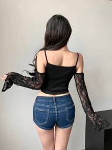 Dazy Designer 女士时尚二合一抽绳上衣 长袖女式上衣 短款女式上衣 - 黑色 - 查看 5