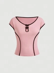 SHEIN MOD Women Casual T-Shirt With Round Neck, Cap Sleeves And Bow Decor