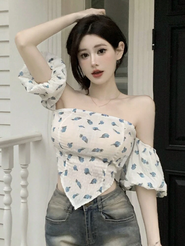 Floral Off Shoulder Puff Sleeve Asymmetrical Hem Short Sleeve Women Shirt Cruise Women Outfits,Crop Tops Women Vacation Outfits Women Easter Boho