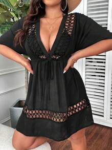 Swim Lushoire Summer Beach Fashionable Plus Size Women Solid Color Hollow Out Short Sleeve Cover Up - Black - View 7