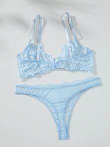 SHEIN 女士时尚浅蓝色蕾丝花边甜美性感内衣外出内衣 - 淺藍色 - 查看 2