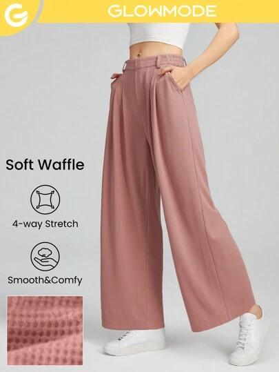 GLOWMODE 26.5" Waffle-Knit Wide-Leg Pants Pocket Casual Daily Work