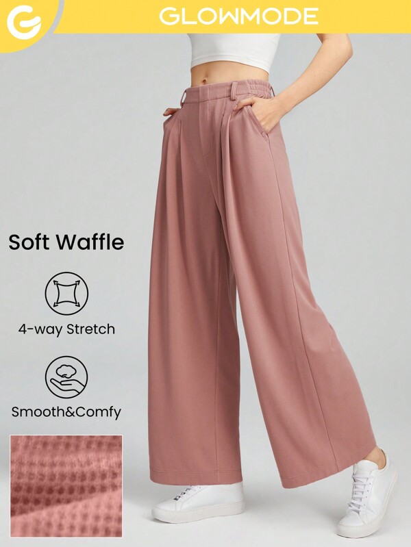 GLOWMODE Pantaloni largi, 26,5 inchi, tricot cu vafe, buzunar, lucru de zi cu zi ocazional