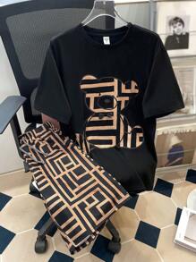 SHEIN 青少年男孩休閒酷熊印花T恤，配有蝴蝶結細節設計和圓領針織短袖上衣和印花短褲套裝 - 彩色 - 查看 1