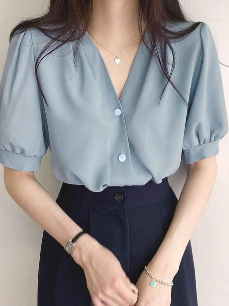 Solid Color Short Sleeve Shirt With V-Neckline And Front Buttons Summer