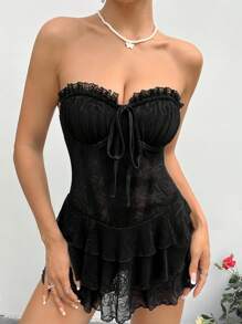 SHEIN ICON Vestido retorcido con copas de busto, parche de encaje acuchillado, capas y espalda descubierta cruzada con correa