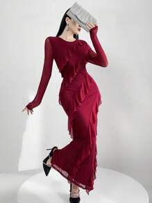 Modelyn 勃艮第红女士时尚纯色荷叶边下摆长袖连衣裙 - 酒紅色 - 查看 4