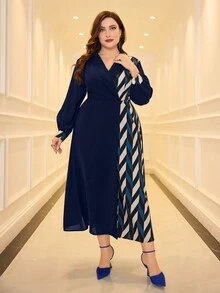 Modelyn Plus Size Nữ Xuân/Hè In hình học Váy dài tay cổ chữ V sang trọng - Màu xanh hải quân - Xem 3