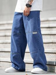 Claim Dot גברים תלבושת יומית אופנתית ג'ינס רגליים ישרות ג'ינס רחב ארוכות שטיפת חומצה כהה מטען ג'ין כהה מסיבה רגילה כחול בהיר חברים מזדמנים