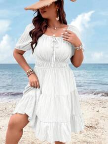 SHEIN Clasi Plus Size Summer Vacation Pleated Dress - White - View 4