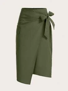 GENKIRA 女士纯色系带时尚日常穿着搭配中长裙，适合春夏季 - 軍綠色 - 查看 1