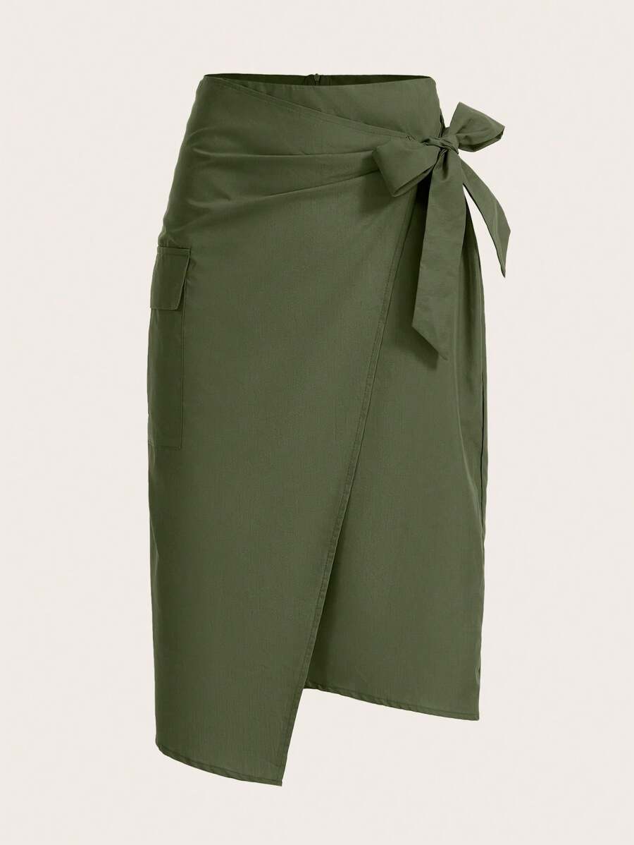 GENKIRA 女士纯色系带时尚日常穿着搭配中长裙，适合春夏季 - 軍綠色 - 查看 1