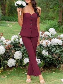 GENKIRA Conjunto de dos piezas para mujeres compuesto por un top sin tirantes y abotonado en la parte delantera de unicolor y pantalones acampanados para el verano - Rojo - Ver 4