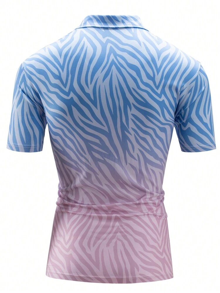 Men Fashion Color Block Palm Tree Print Short Sleeve Polo Shirt