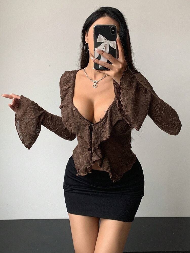 Women Spring Fashion Button Front Slim Fit Frilled Lace Top Going Out Tops Festival Summer,Ruffle Long Sleeve Women Tops