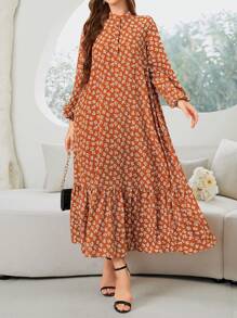 Al Najma 女士春季休闲度假灯笼袖宽松连衣裙，花卉印花，荷叶边下摆和小花印花，端庄 - 棕色 - 查看 1