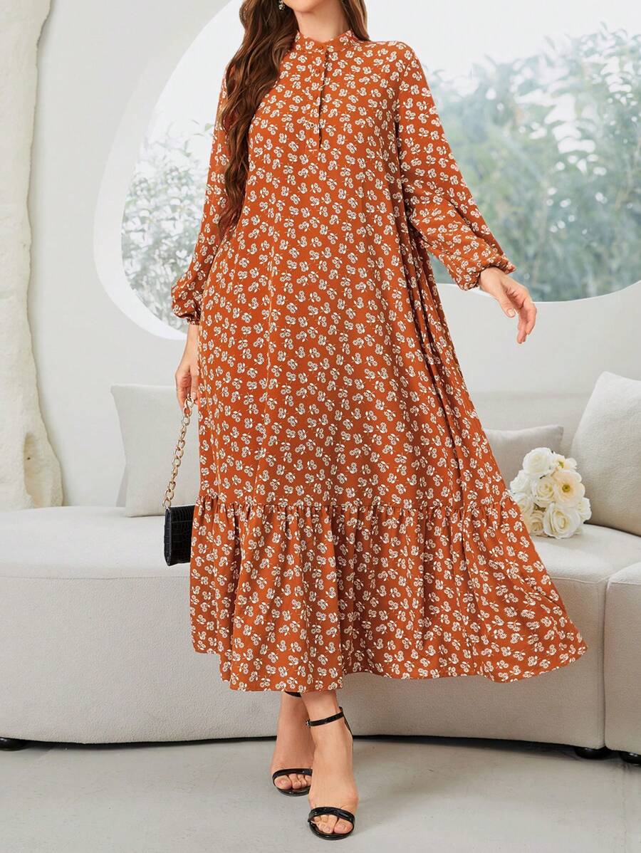 Al Najma 女士春季休闲度假灯笼袖宽松连衣裙，花卉印花，荷叶边下摆和小花印花，端庄 - 棕色 - 查看 1