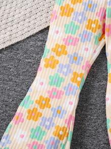 SHEIN Young Girl Cartoon Flower Print Flare Pants Girls Flare Pants Settoddler Flare Pantsflare Pants For Girlskids Flare Pantsflare Pants For Young Girl Summer Holiday - Multicolor - View 3