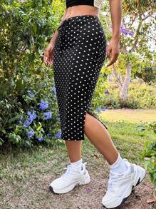 SHEIN EZwear Polka Dot Print Spaghetti Strap Midi Skirt - Black and White - View 5