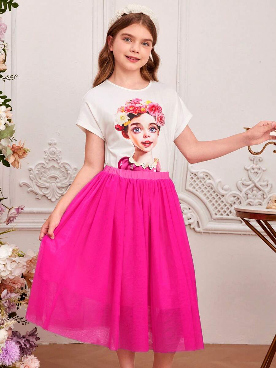 SHEIN Tween Girl Spring/Summer Knitted Round-Neck Short Sleeve Tee With Portrait Print And Mesh Skirt Set - Multicolor - View 1