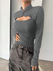 DAZY Áo thun nữ có cổ và cổ đứng khoét rỗng nối Slim Fit dài tay áo thun nữ - Màu xám đen - Xem 5