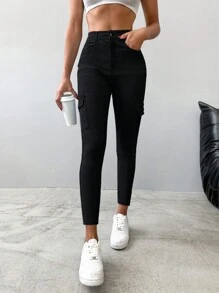 EURMUSE 女式工裝口袋牛仔褲 - 黑色 - 查看 5