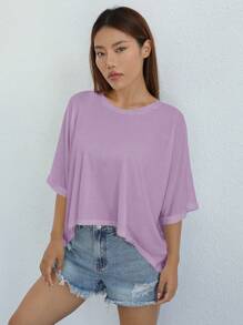 SHEIN EZwear Knitted Women's Casual T-Shirt With Asymmetrical Hem, Solid Color, Round Neck And Batwing Sleeve - Lilac Purple - View 5